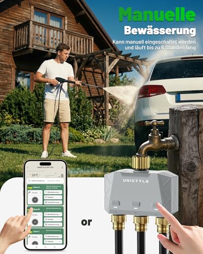 Unistyle Irrigation Computer WLAN 3 Outputs | New Edition 2026 - App Control, 5 Watering Plans, Precise Control, Alexa Voice Control, Automatic Watering for Garden & Plants