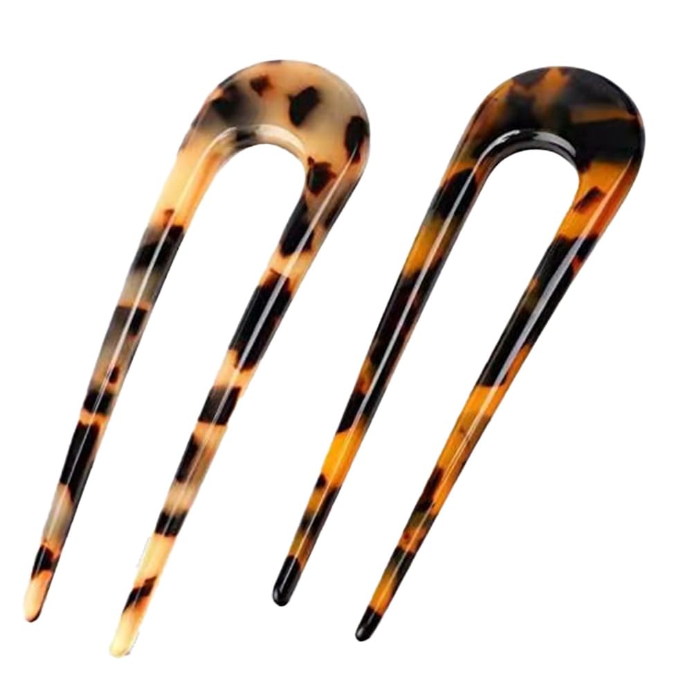 2 Pcs U Shaped Hair Pins French Style 2 Prong Updo Women Tortoise Shell Hair Fork Suitable Hairstyle Accessories for Girl
