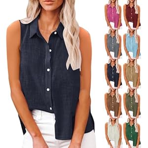 Women's Cotton Linen Tops Button Down Sleeveless V Neck Plus Size Linen Shirts Summer Casual Trendy Work Blouses Dark Blue