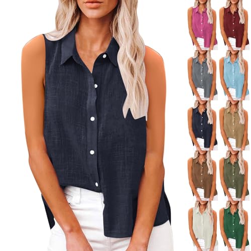 Women's Cotton Linen Tops Button Down Sleeveless V Neck Plus Size Linen Shirts Summer Casual Trendy Work Blouses Dark Blue