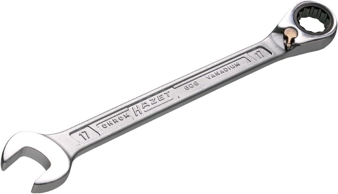HAZET 606-17 242.2 mm 12-Point Traction Profile Ratcheting Combination Wrench - Chrome-Plated, 17 mm