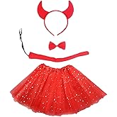 Weahre 4pcs Halloween Demon Horns Costume Set Tutu Skirt + Bowtie + Headband + Tail Dress Up Costumes for Halloween Christmas Animal Cosplay Birthday Party Favors Performance