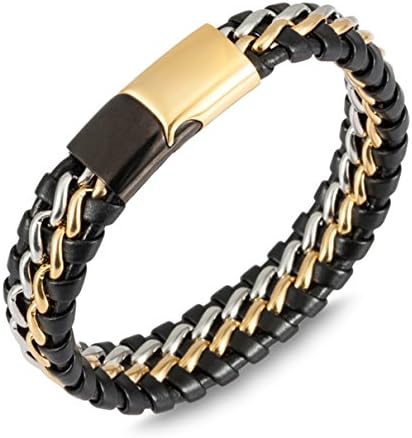 Titanium steel Men's Genuine Leather Bracelet with Titanium Chain Silver/Golden/ Black 8.27"(21cm) (gold-22)