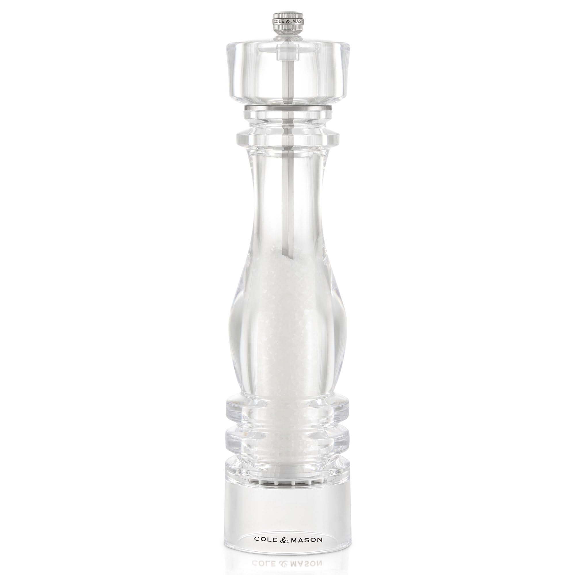Cole & Mason London Acrylic Salt Mill, 30cm Salt Grinder with Adjustable Grind, Non Corroding Ceramic Mechanism, Seasoning Mill, Lifetime Mechanism Guarantee