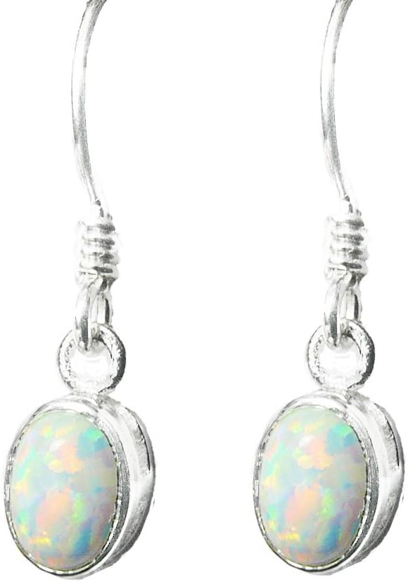 925 Sterling Silver Synthetic Opal Oval Fishhook Earrings - October Birthstone