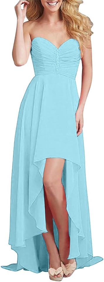 FTSOP Women's Chiffon Sweetheart Bridesmaid Dress Long Asymmetrical Prom Evening Dress Strapless Burgundy