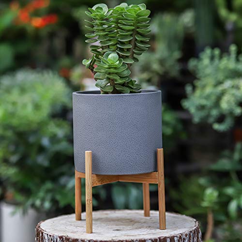 NCYP Gray Cement Planter Pot Bamboo Stand Set Modern Indoor Round Concrete Container Holder Flower Plants Cactus Succulents Areca Palm Fiddle-Leaf Fig
