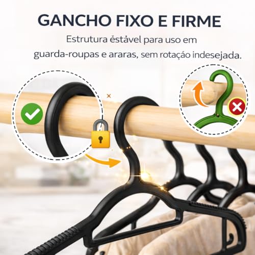 Kit 20 Cabides Adulto Preto Antideslizante Reforçado Cabide Resistente Para Roupas Calças Camisetas Contém Porta Gravata Cinto Lenço Camisas Ternos Gancho para Vestido