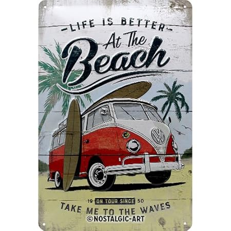 Nostalgic-Art 22277 VW Bulli - Beach | Retro Blechschild | Vintage-Schild | Wand-Dekoration | Metall | 20x30 cm