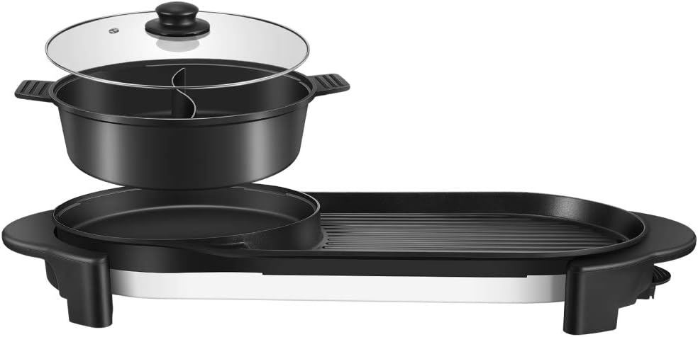 VOGOUS Portable Electric Grill and Hot Pot 2 in 1 Mufti-functional Electric Indoor Grill Hot Pot and Steamer Large Capacity Household Non-Stick Pan Electric Cooker with 5 Temperature Adjustments Suitable for 1-8 People (110V)