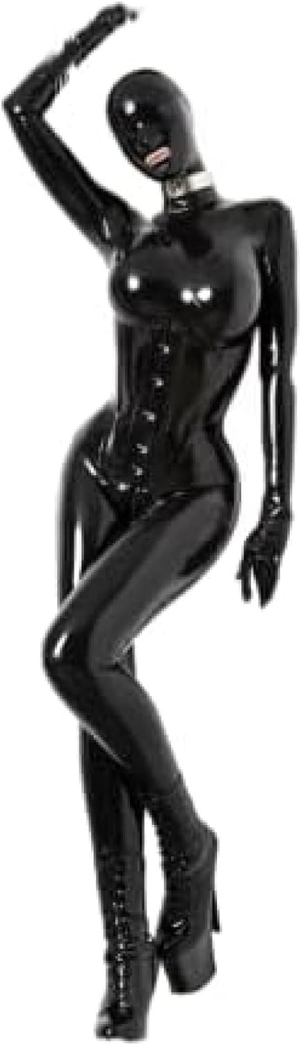 Sexy Full Body Black Womens Latex Catsuit Rubber Hood Open Mouth With Crotch Zipper