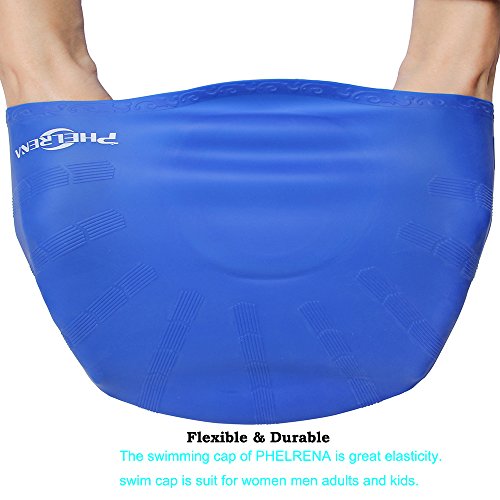 image for PHELRENA Swimming Cap Waterproof Premium Silicone Solid Long Hair Earm