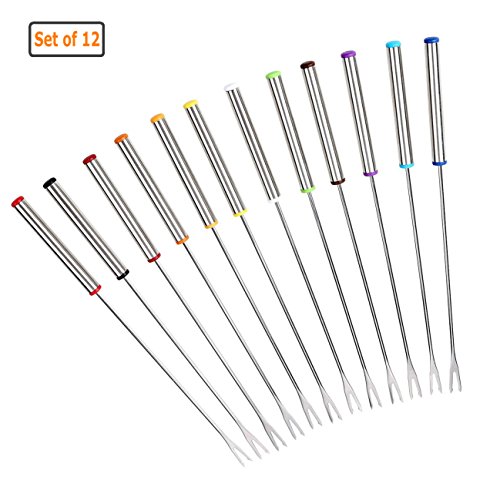 GuDoQi Stainless Steel Fondue Fork Fruit Chocolate Fountain Cheese Forks with Heat Resistant Handle Set of 12 (Random Color) - Thumbnail 4