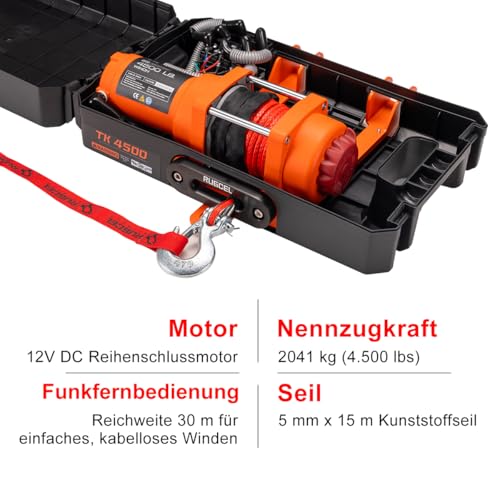 RUGCEL WINCH Electric Winch 2041kg (4500lbs), 12V DC, IP67 Waterproof, Synthetic Rope, Steel Mounting Plate, Hawse Guide Pulley, Wireless Remote Control, Black, SUV Truck Off-Road
