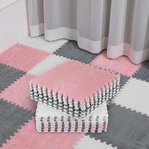 AM ANNA 12 Pcs Plush Interlocking Carpet Tiles，Soft Non-Toxic Foam Carpet Tiles for Toddler Baby，Machine-Washable，Anti-Slip，EVA Foam Interlocking Tiles for Floor, Nursery (Pink Grey White, 12 Pcs)