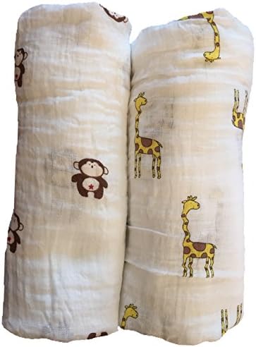 Muslin Swaddle Blankets 2 Pack - Organic Cotton - 47 inch x 47 inch - For Boys or Girls (Monkey &amp; Giraffe)