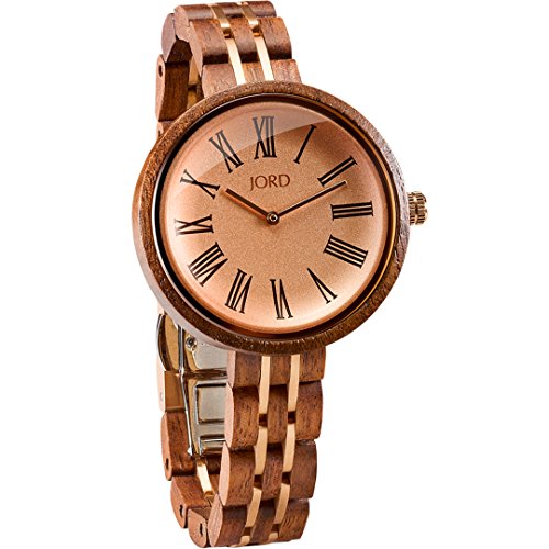 JORD Wooden Wrist Watches for Women - Cassia Series / Wood and Metal Watch Band / Wood Bezel / Analog Quartz Movement - Includes Wood Watch Box (Walnut & Vintage Rose)