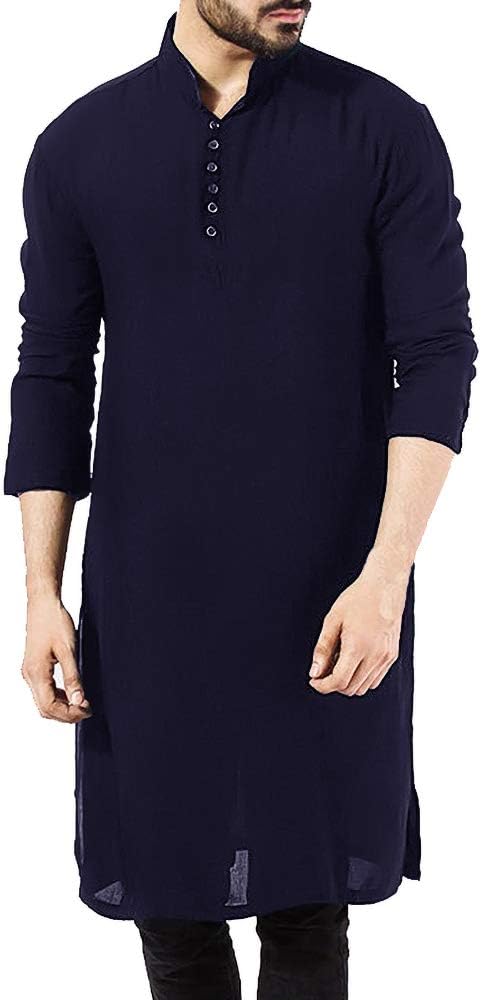 Mens Kurta Henley Shirts Kaftan Thobe Longline T Shirts Long Sleeve Light Plain Gown Nightshirts Pajama