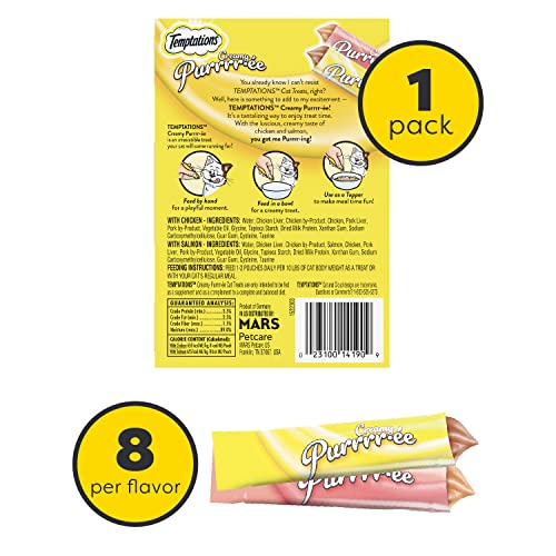 TEMPTATIONS CREAMY PUREE SQUEEZABLE LICKABLE CAT TREATS, WET CAT TREATS WITH SALMON AND CHICKEN VARIETY PACK, 0.42 OZ. TUBES, 16 COUNT