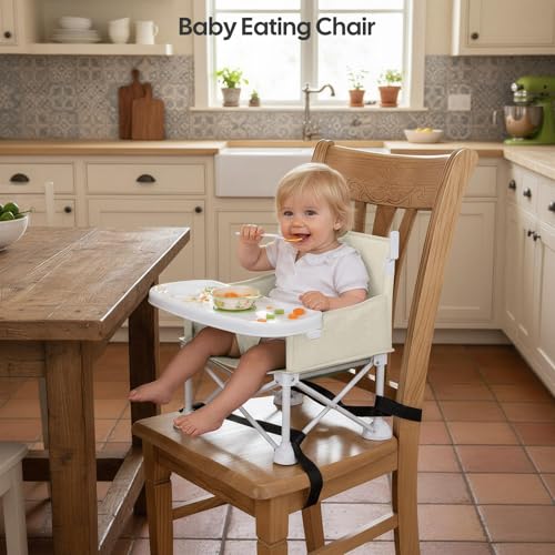 Portable Baby Chair, Foldable Toddler Booster Seat, with Removable Tray, Canopy and Safety Harness, Baby Sit up Chair, Portable Seat for Kitchen Chair (Beige)