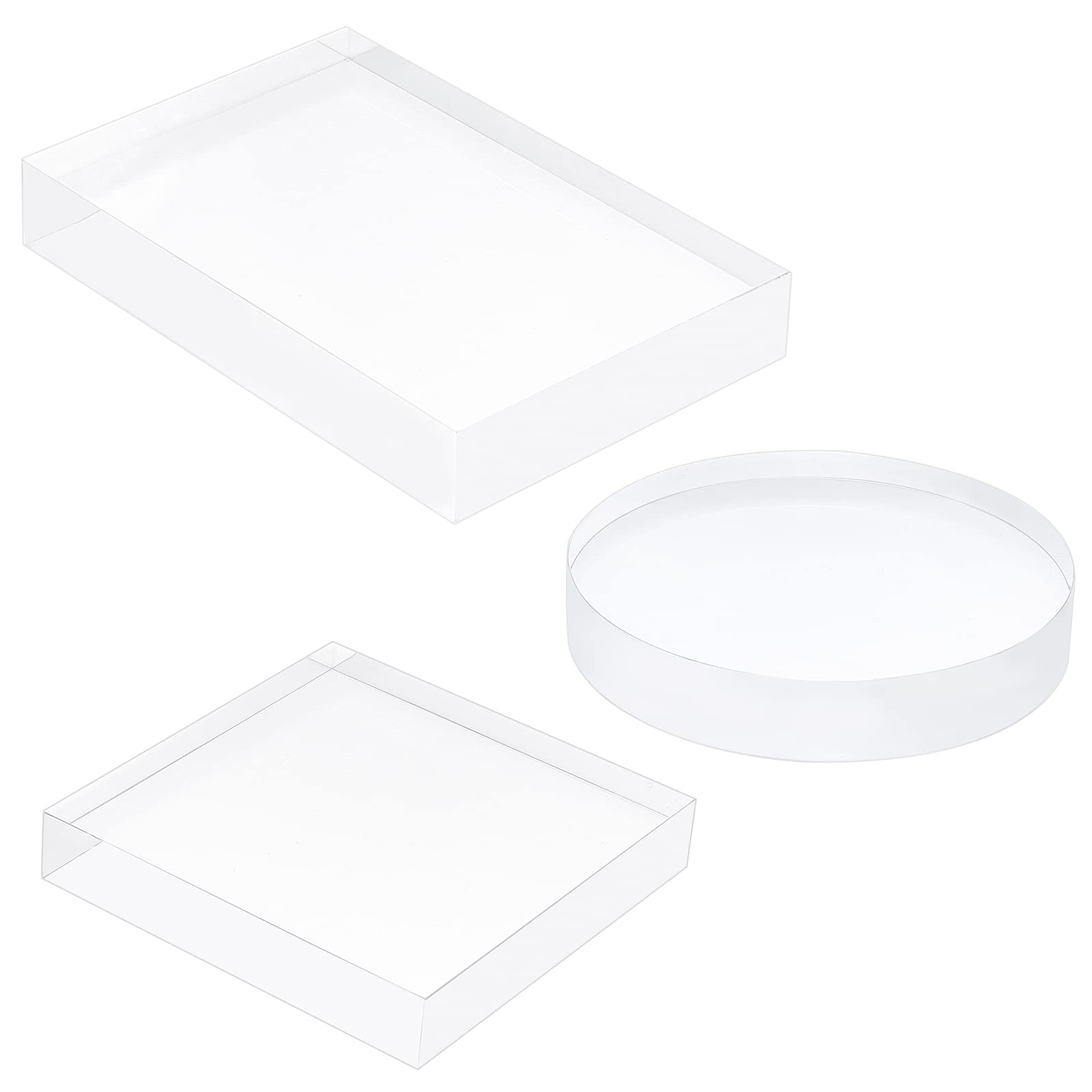 FINGERINSPIRE 3 Pack Clear Polished Acrylic (Square & Flat Round & Rectangle) Display Base Block for Jewelry Ring Stand Showcase Holder Flat Lay Photography Props