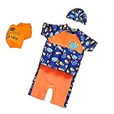 Floating Swimsuits for Kids Toddlers, Orange and Blue Color with Swimming Cap and Inflatable Arm Ring