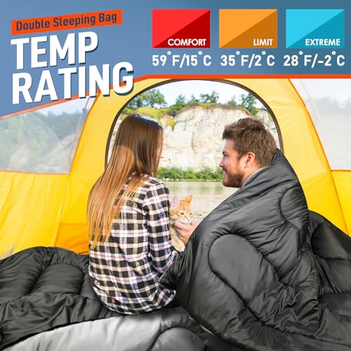 MEREZA Double Sleeping Bag for Adults Mens with Pillow, XL Queen Size Two Person Sleeping Bag for All Season Camping Hiking Backpacking 2 Person Sleeping Bags for Cold Weather & Warm