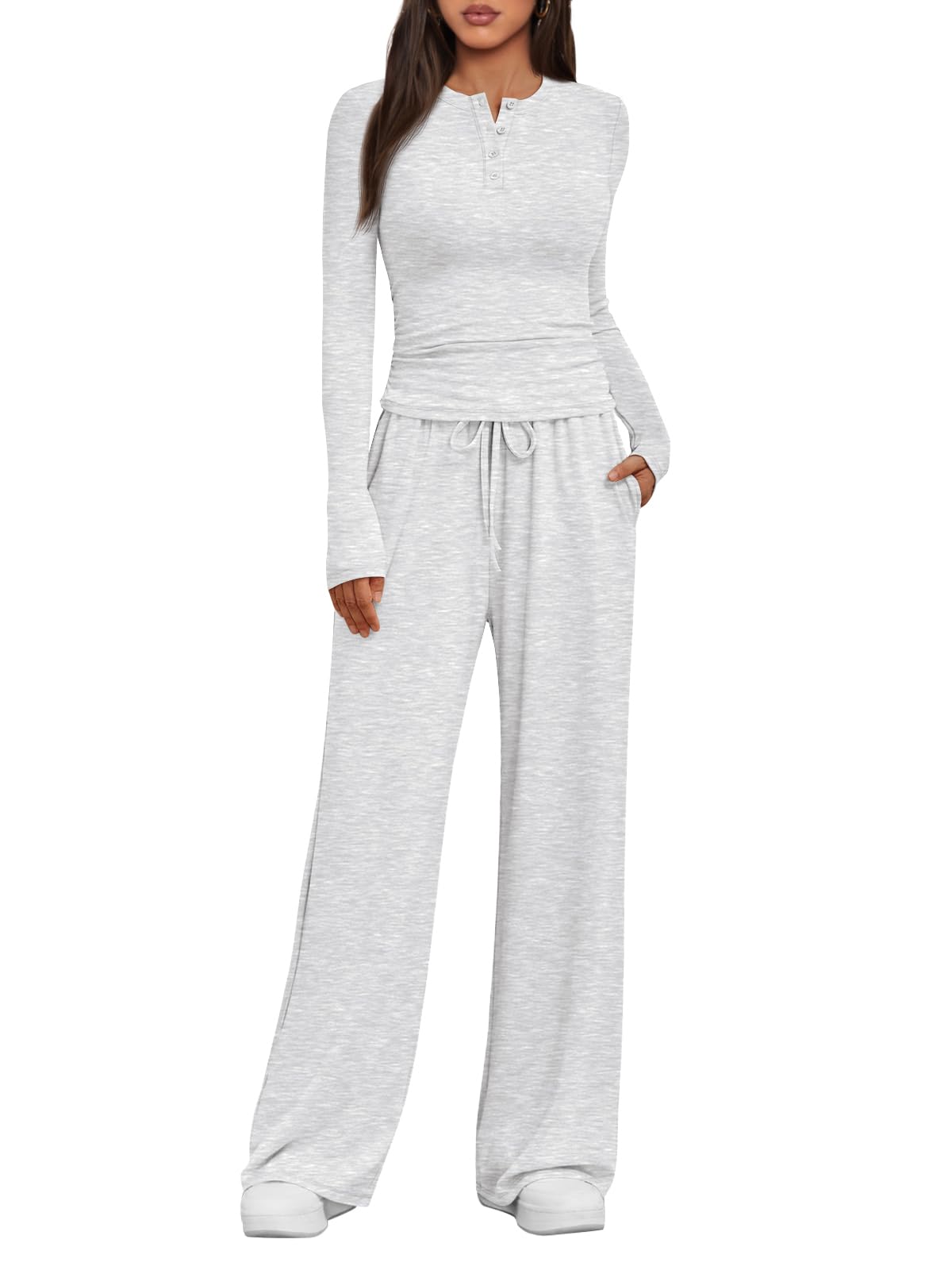 Photo 1 of **MISSING TOP**
Trendy Queen Women's 2 Piece Matching Lounge Sets Fall Fashion Two Pieces Sweat Outfits Long Sleeve Wide Leg Pants Tracksuits V Neck Shirts 2026 Airport Travel Clothes Loungewear Clothing LGrey S
