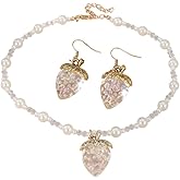 KZL Cute Strawberry Jewelry Set Funny 3D Imitation Fruits Strawberry Necklace Earrings for Women Imitation Pearl Beaded Choker Necklace Y2k Jewelry Gift