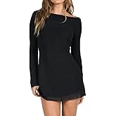 GCZREN Women Sexy Boat Neck Backless Mesh Mini Dress Solid Slim Fit Bell Long Sleeve Self Tie Back Sheer Short Dresses