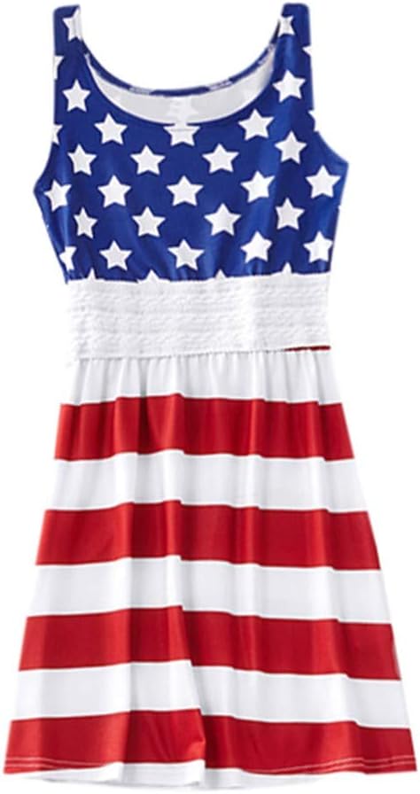 Parent-Child Dress Women Family Summer Sleeveless American Flag Tops Independence Day 4th of July Dress