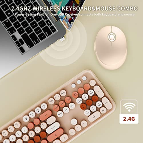Wireless Keyboard and Mouse Combo, Ergonomic Full Size Typewriter Retro Round Keycaps Keyboard, Compatible with Windows, PC, Perfer for Home and Office Keyboards (Chocolate)