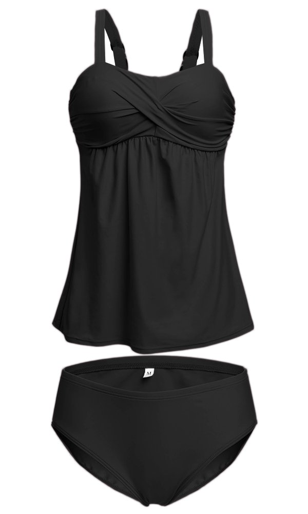 Agreya Women Two Pieces Swimwear Tankini Top with Triangle Bikini Simsuits (Black, L)