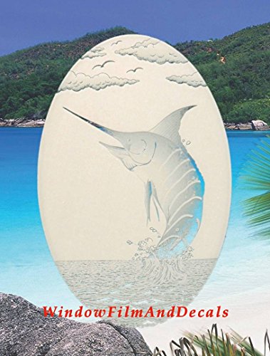 Oval Marlin Etched Window Decal Vinyl Glass Cling - White with Clear Design Elements (15" x 23")