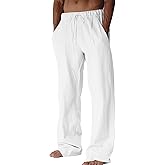 BUXKR Men's Linen Pants Beach Casual Cotton Summer Lightweight Elastic Waist Drawstring with Deep Pockets