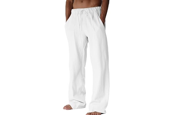 BUXKR Men's Linen Pants Beach Casual Cotton Summer Lightweight Elastic Waist Drawstring with Deep Pockets