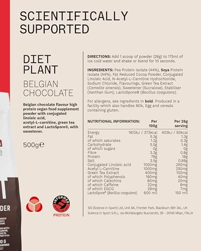 PhD Nutrition Diet Plant, Vegan Protein Powder Plant Based, Belgian Chocolate, High Plant Protein, 20 Servings Per 500g Bag