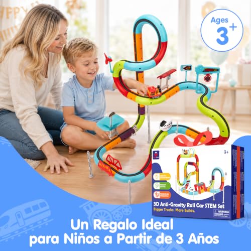 hahaland Electric Toy Train Children 115 Pieces, Anti-Gravity 3D Track with 2 Rechargeable Vehicles, Lights and Music, STEM Building Set, Gift Boy Girl 3 4 5 6 Years Old