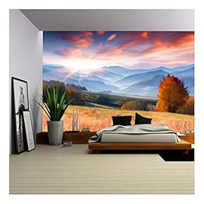 Digital Artwork in Watercolor Painting Style. Colorful Autumn Morning in The Mountains - Removable Wall Mural | Self-Adhesive Large Wallpaper - 66x96 inches
