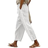 Puimentiua Women Linen Pants Lightweight Pants with Lace Side Summer Casual Beach Drawstring Elastic Waist Trousers