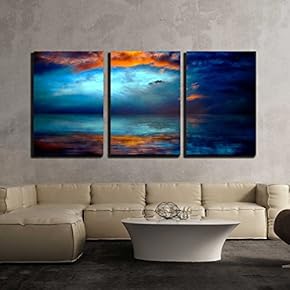 3 Piece Canvas Wall Art - Dramatc Sunset Sky Over Water - Modern Home Art Stretched and Framed Ready to Hang - 16"x24"x3 Panels