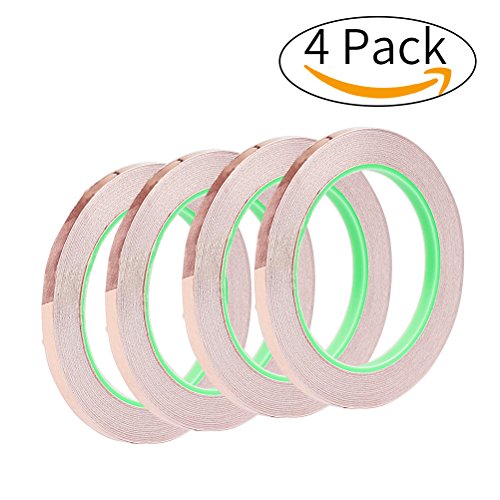 Copper Foil Tape Pack of 4, Copper Foil Adhesive Tape for Snail Repellent, EMI Shielding, Electrical Repair, Stained Glass, Paper Circuit, Soldering,1/4 inch