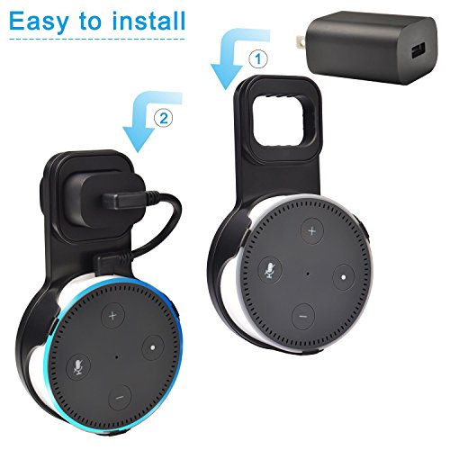 Outlet Wall Mount Hanger Holder Stand for Amazon Echo Dot 2nd Gen Without Mess Wires Or Screws, Plug in Study, Kitchen, Bedroom, Bathroom. (2pcs, Black)