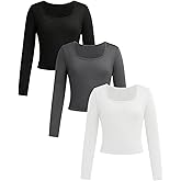 RoseSeek Girl's 3 Pack Long Sleeve T Shirt Square Neck Slim Fit Basic Tee Tops Soft Fall Tops