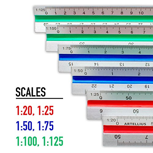 Artellius 12” Triangular Engineer Scale Ruler (PROFESSIONAL GRADE METAL) Color Coded Engineering Scale (Metric Measurements) FREE 12” METAL STANDARD RULER