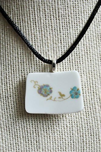 Dainty Blue and Purple Flower Buds with Golden Leaves Pendant Necklace Handmade from a China Tea Saucer - Tea Cup Jewelry
