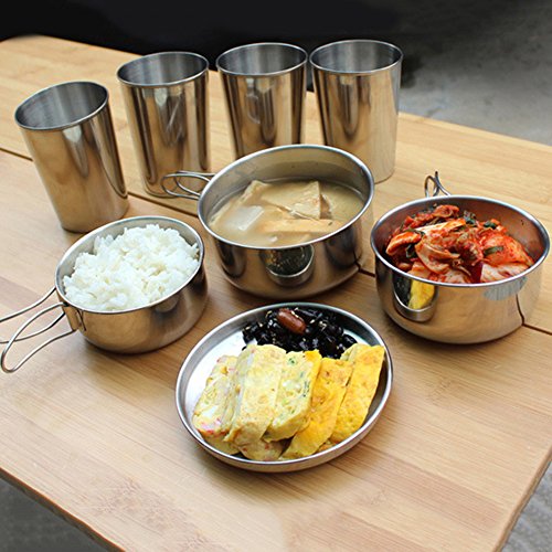 ink2055 6Pcs Stainless Steel Picnic Cookware Camping Backpacking Cooking Pot Pan Cup Set - Thumbnail 2