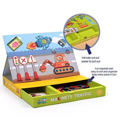 Early Learning & Educational Toys Gift Set for 3+ Years Old, Brain Training Magnetic Traffic Vehicle Parts with Storage Tray(58 Pcs)