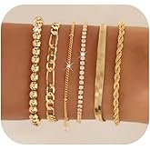 Gold Bracelets for Women 14K Gold Plated Stack Trend Bracelets Charm Paperclip Chain Cuban Link Layered Waterproof Bracelet Dainty Bracelet for Women Jewelry Gifts