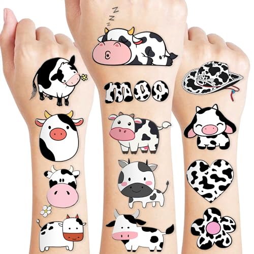 96PCS Cow Pre-Cut Temporary Tattoos for Kids - Farm Animal Birthday Party Supplies, Decorations, and Favors - Super Cute Milk Cow Sticker Gifts for Boys & Girls, Classroom Prizes, and Themed Events